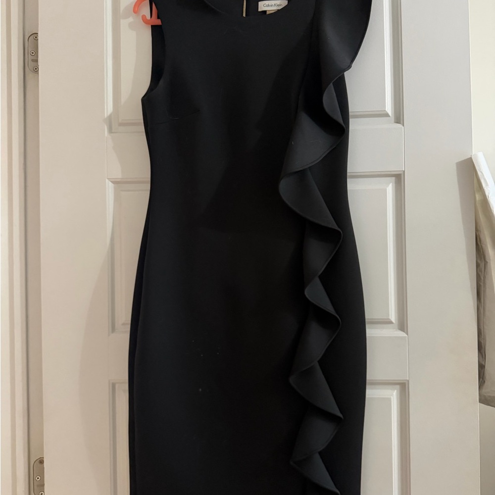 Calvin Klein Black One-Shoulder Ruffle Sheath Dress